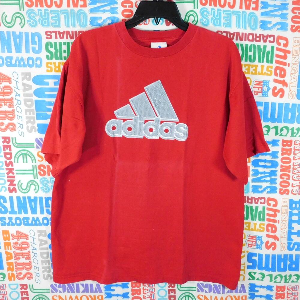 Vintage Adidas Mountain Logo T Shirt Size L Heavy Rubber Print Red Gray